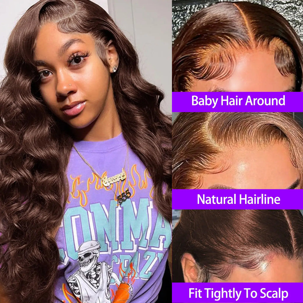 Chocolate Brown Body Wave Lace Front Wig Human Hair Pre-Plucked Brazilian Virgin Hair Bleached Knots HD Lace Frontal Wig