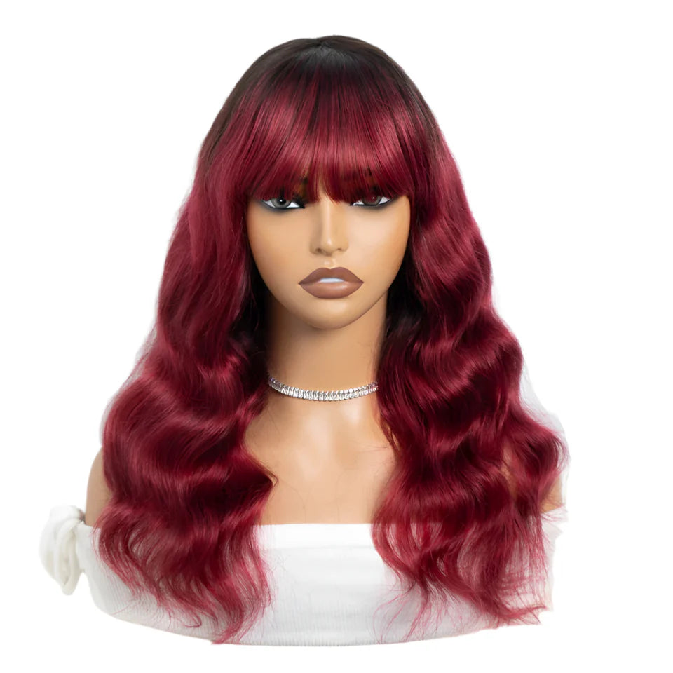 22" T1B/Purple Body Wave Wig with Bangs | "Put On & Go" Full Machine Made Human Hair