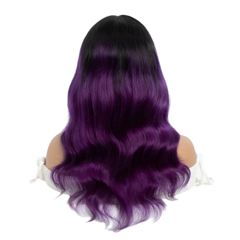 22" T1B/Purple Body Wave Wig with Bangs | "Put On & Go" Full Machine Made Human Hair