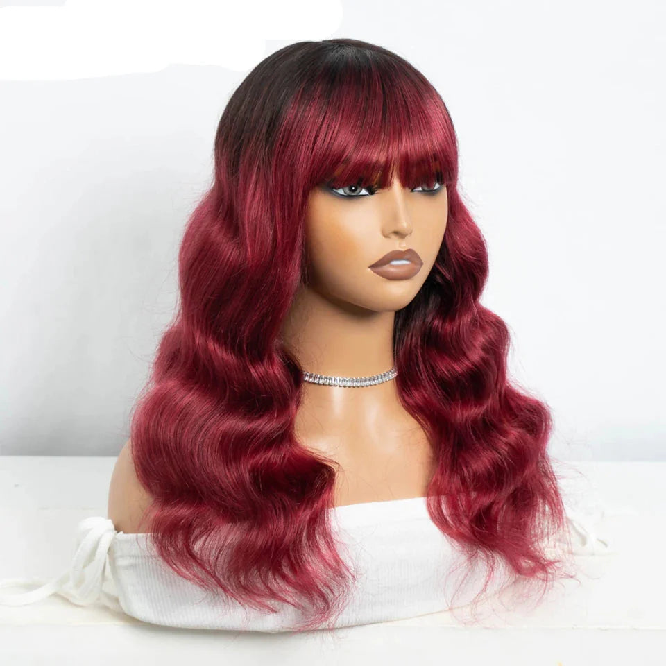 22" T1B/Purple Body Wave Wig with Bangs | "Put On & Go" Full Machine Made Human Hair