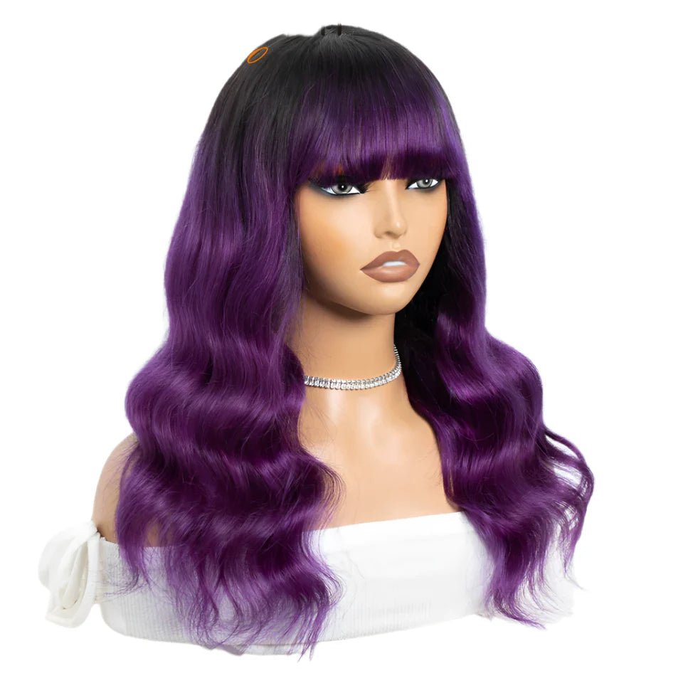 22" T1B/Purple Body Wave Wig with Bangs | "Put On & Go" Full Machine Made Human Hair