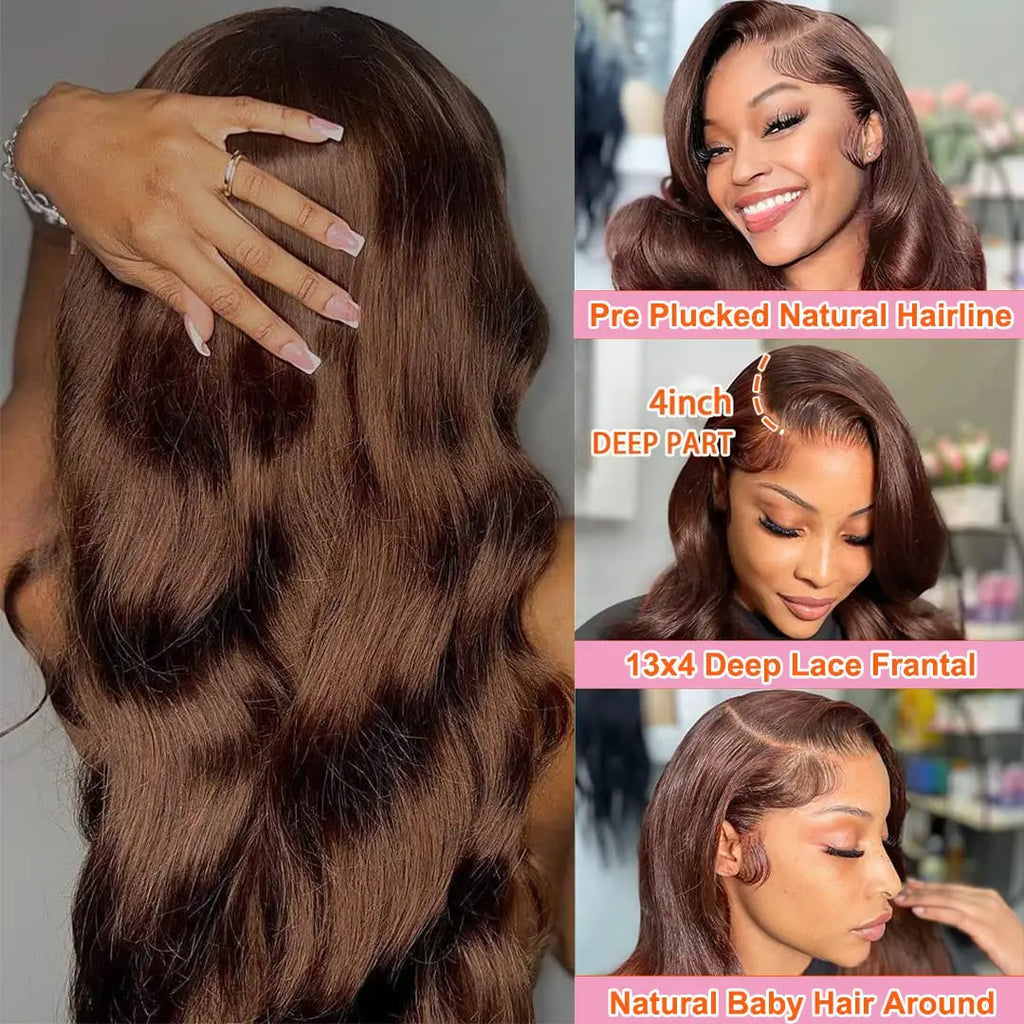 Chocolate Brown Body Wave Lace Front Wig Human Hair Pre-Plucked Brazilian Virgin Hair Bleached Knots HD Lace Frontal Wig