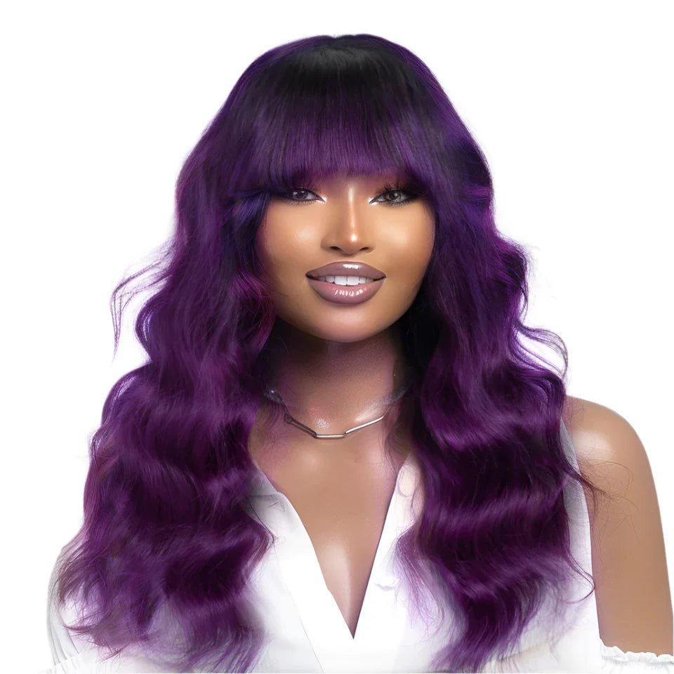 22" T1B/Purple Body Wave Wig with Bangs | "Put On & Go" Full Machine Made Human Hair