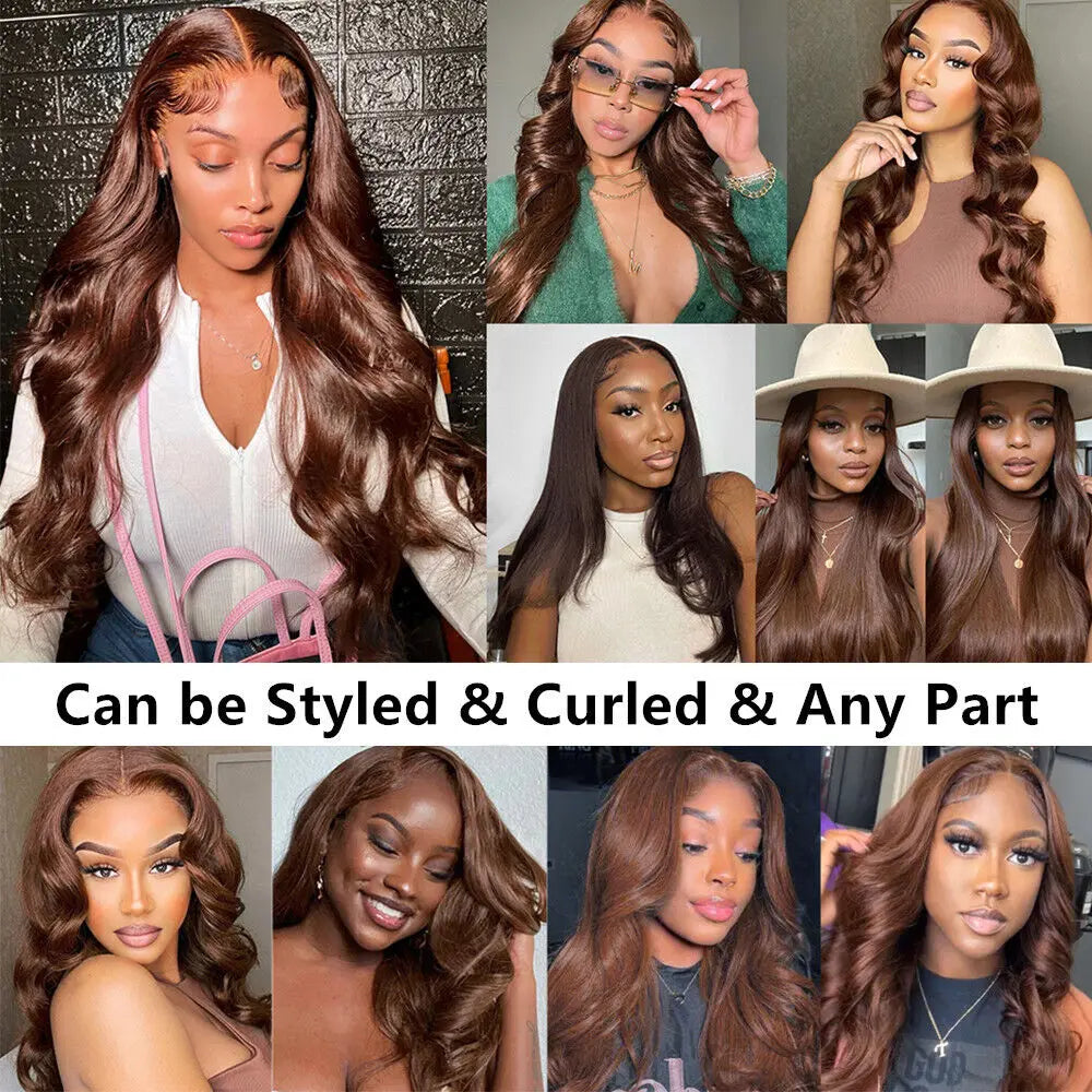 Chocolate Brown Body Wave Lace Front Wig Human Hair Pre-Plucked Brazilian Virgin Hair Bleached Knots HD Lace Frontal Wig