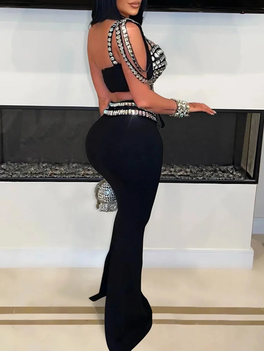 Customized Sexy backless black white rhinestone maxi summer dress women elegant night club party dresses long prom evening dress