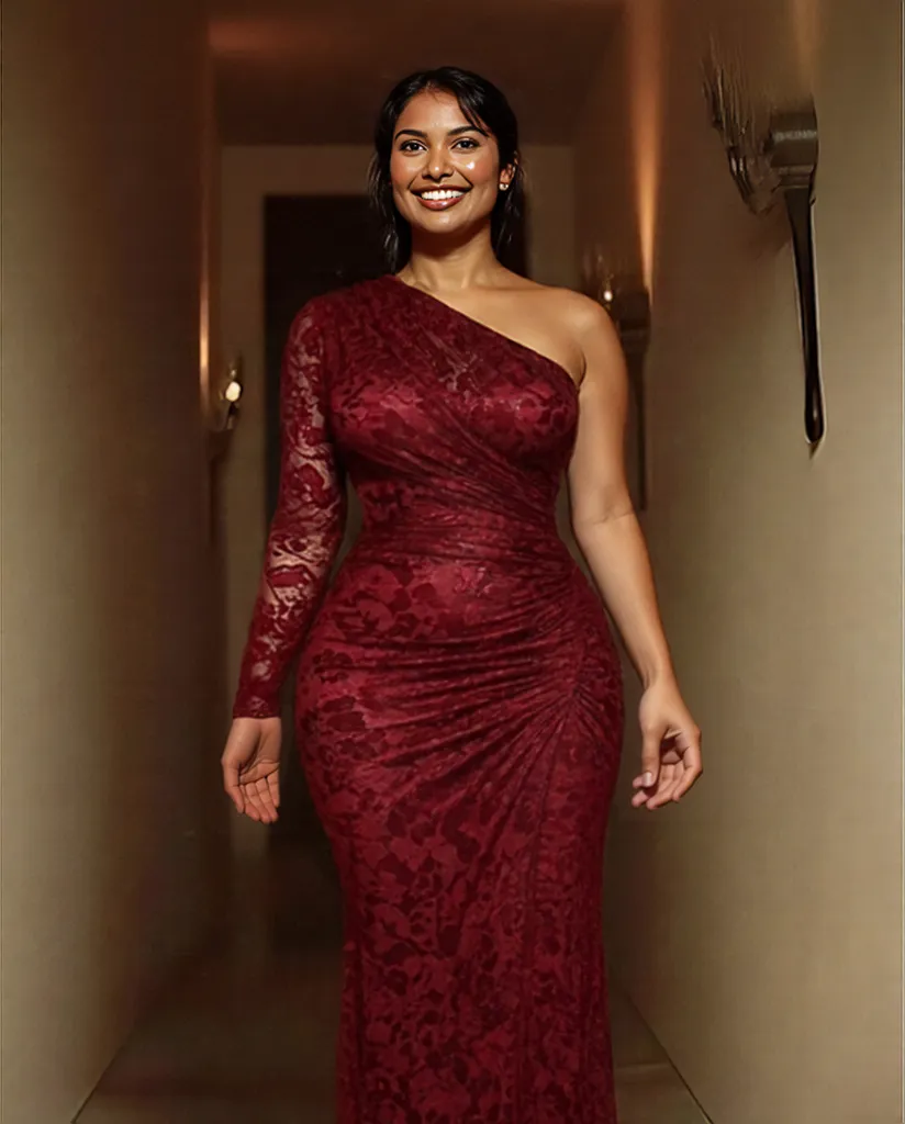 New Sexy red One Shoulder Lace Fishtail Ruched Slit Party Maxi Dress